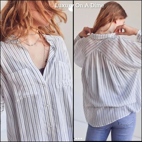 Silence + Noise Sm Charlie Striped Button-Down Shirt Lightweight Oversized Sheer - Picture 13 of 15